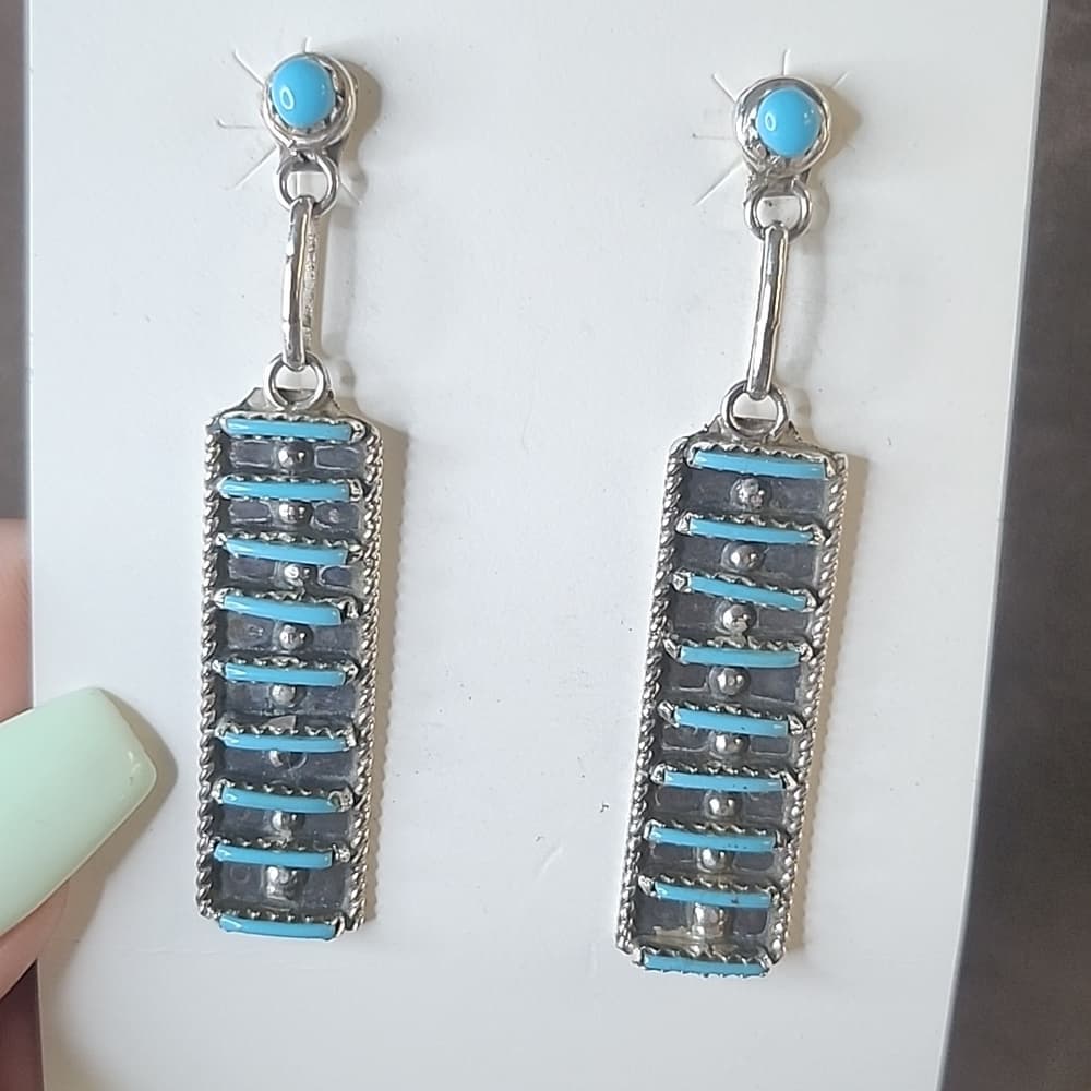 Zuni Handmade Sterling Silver Kingman Turquoise Rectangle Drop Earrings