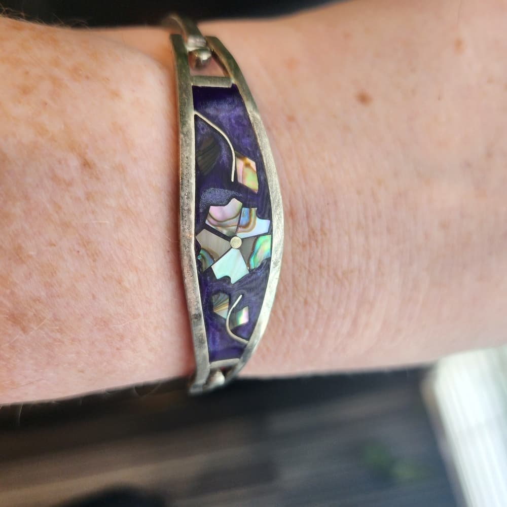 Vintage Alpaca Mexico Sterling Silver Purple With Shell Inlay Flower Bracelet - Thumbnail 10
