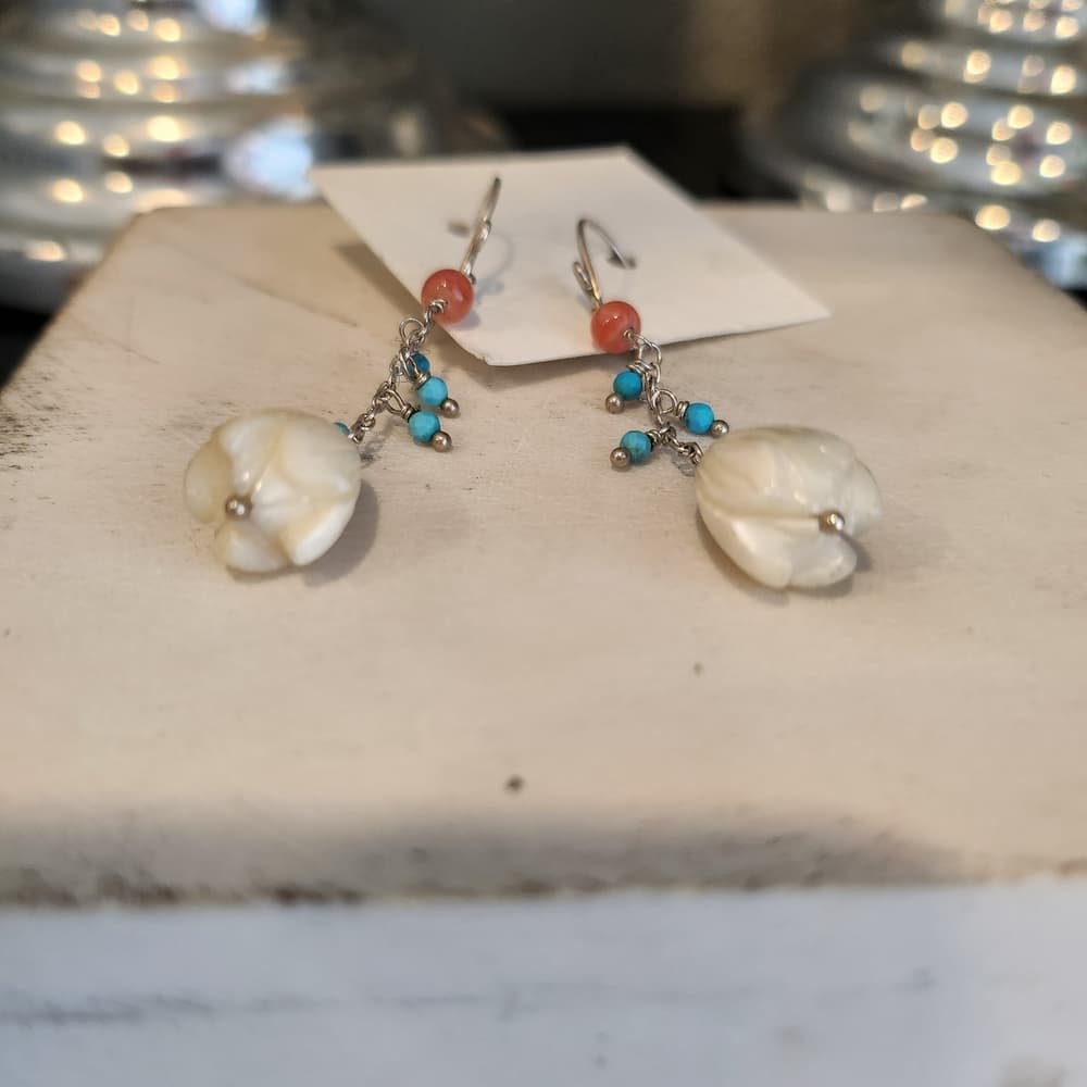 Carved Mother Of Pearl Flower Long Dangle Beaded Silver Drop Earrings