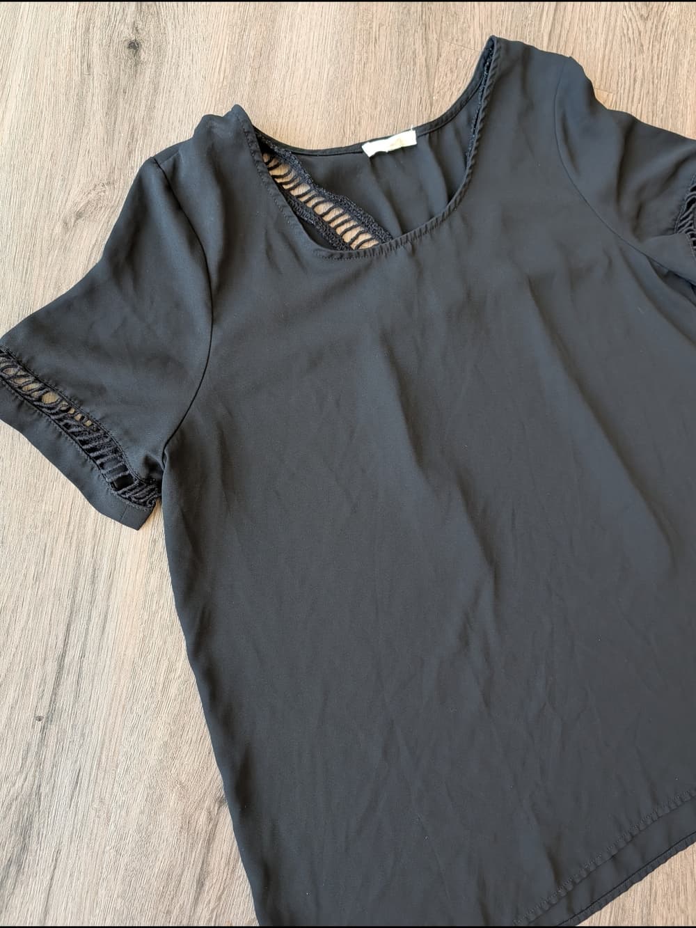 Pleione Black Short-Sleeve Blouse with Cut Out Style Trim