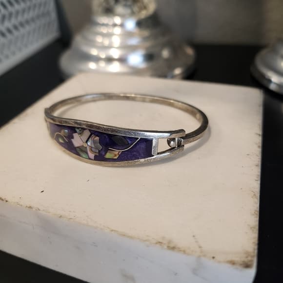 Vintage Alpaca Mexico Sterling Silver Purple With Shell Inlay Flower Bracelet - Thumbnail 13
