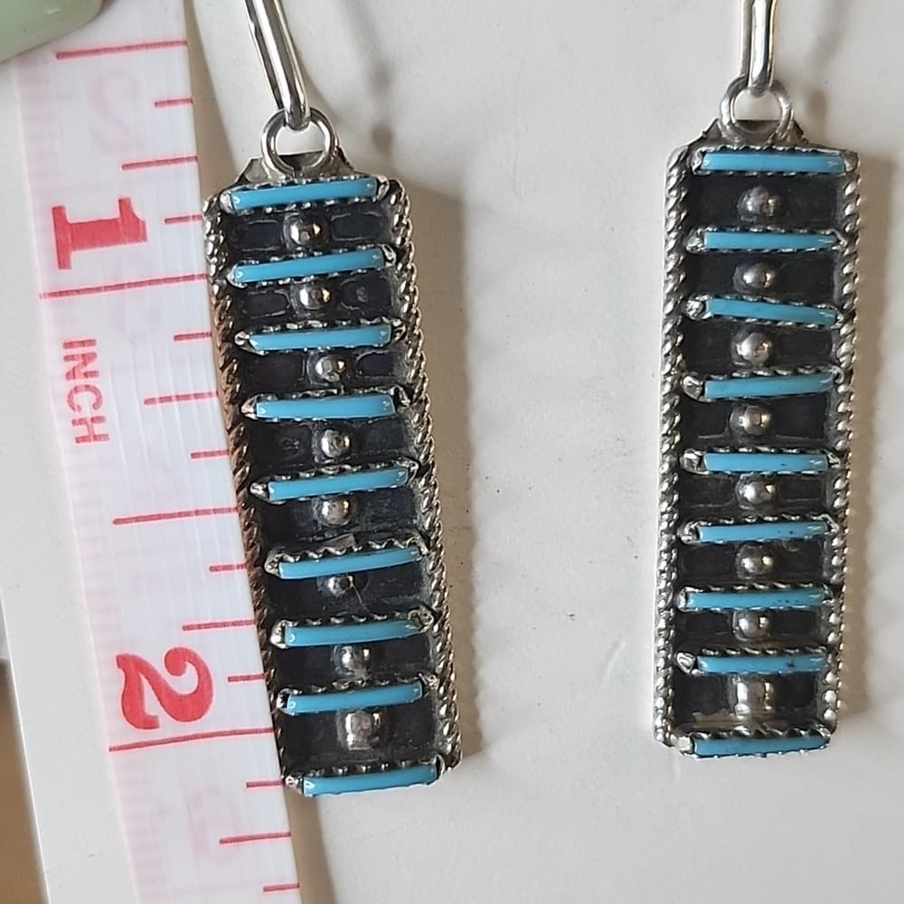 Zuni Handmade Sterling Silver Kingman Turquoise Rectangle Drop Earrings - Thumbnail 7