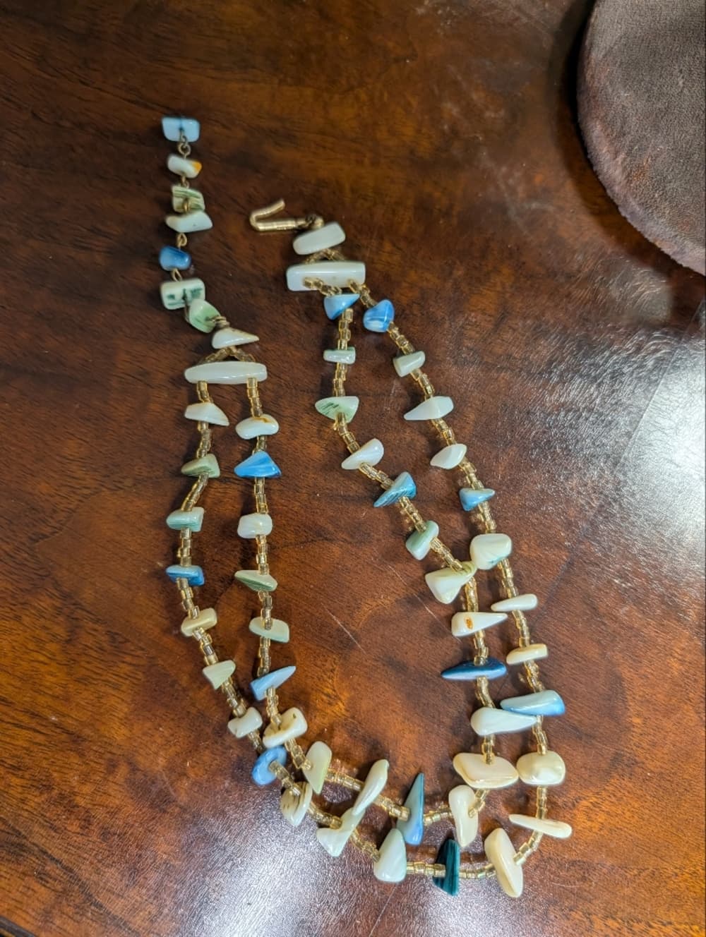 Vintage Blue & Cream Beaded Shell Mother Or Pearl Double-Strand Necklace - Thumbnail 5