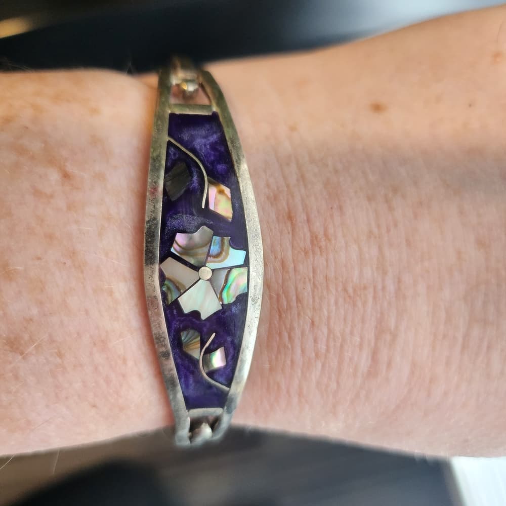 Vintage Alpaca Mexico Sterling Silver Purple With Shell Inlay Flower Bracelet - Thumbnail 7