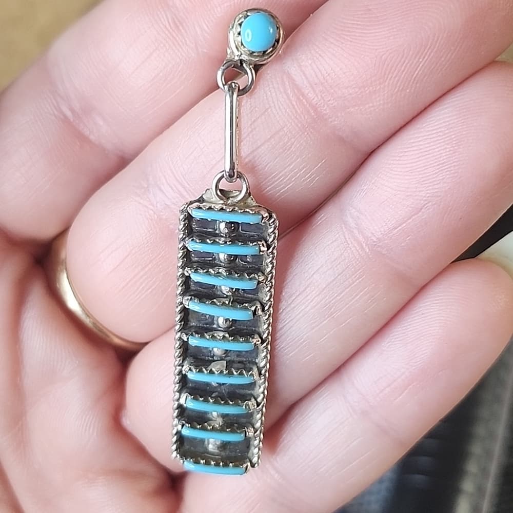 Zuni Handmade Sterling Silver Kingman Turquoise Rectangle Drop Earrings - Thumbnail 3