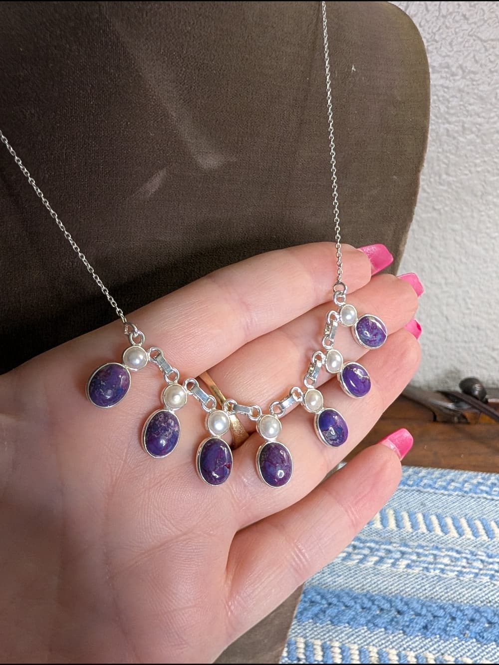 Mojave Purple Turquoise Southwestern Style Necklace With Pearl Accents - Thumbnail 4