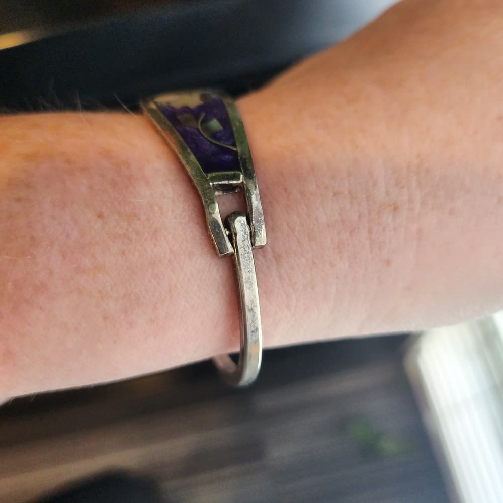 Vintage Alpaca Mexico Sterling Silver Purple With Shell Inlay Flower Bracelet - Thumbnail 9