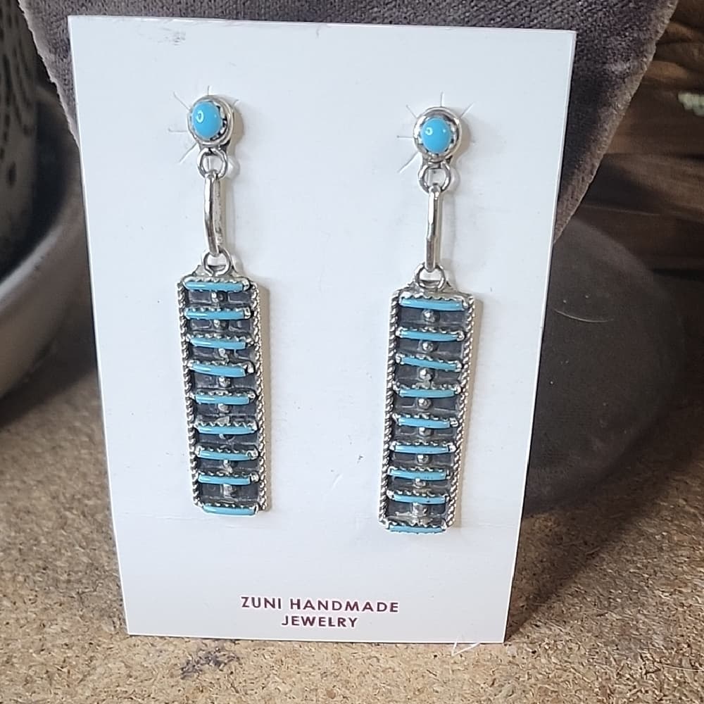 Zuni Handmade Sterling Silver Kingman Turquoise Rectangle Drop Earrings - Thumbnail 9