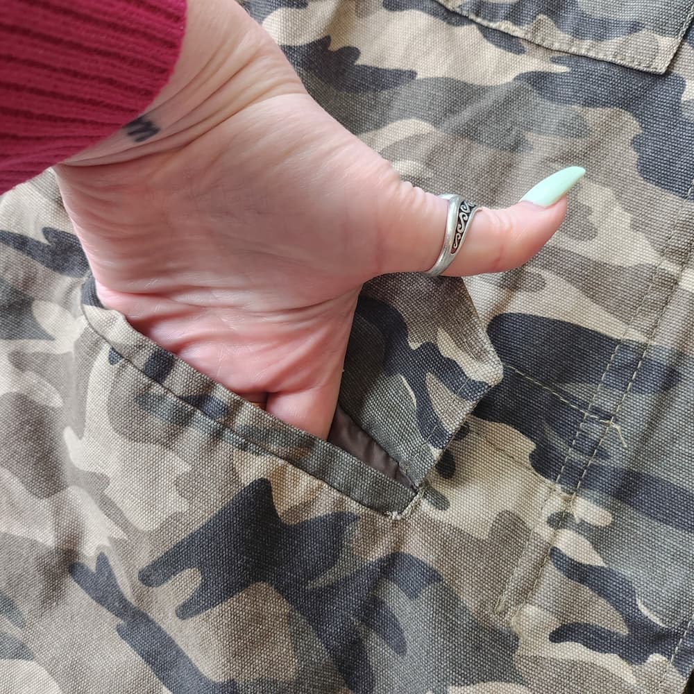 JJ Winter Bedazzled Women's Camo Design Utility Jean Jacket - Beige/Olive - Thumbnail 2