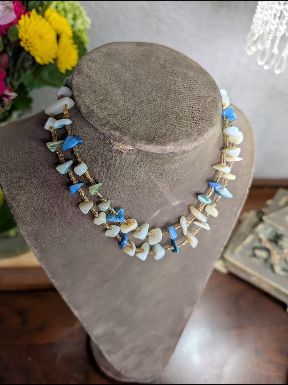 Vintage Blue & Cream Beaded Shell Mother Or Pearl Double-Strand Necklace