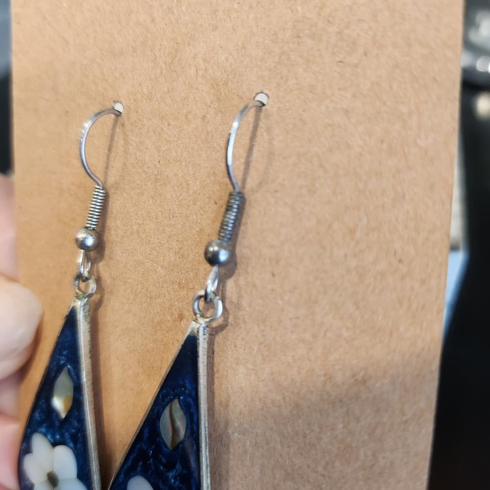 Vintage Sterling Silver Blue Enamel and White MOP Inlay Floral Teardrop Earrings - Thumbnail 4