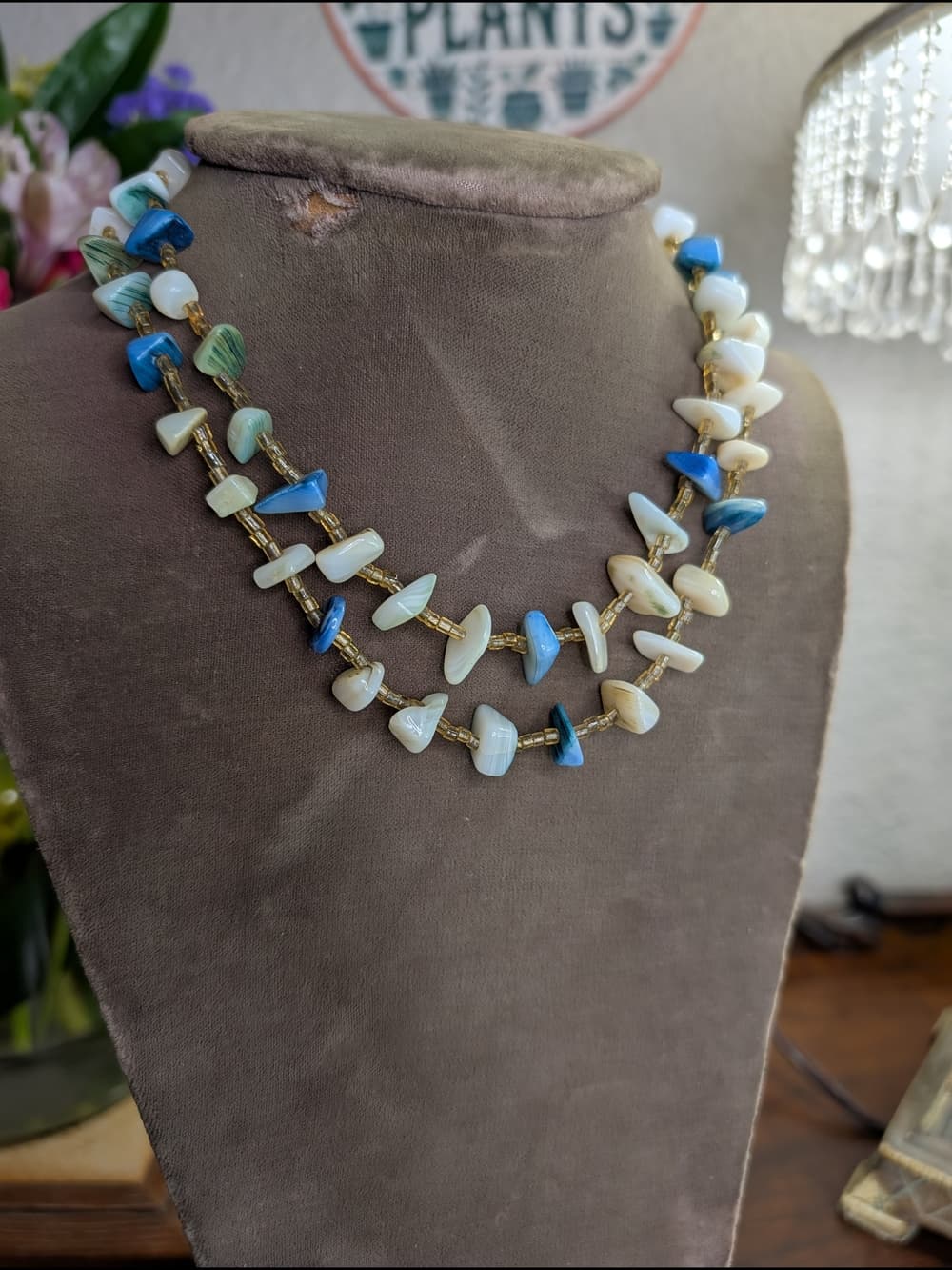 Vintage Blue & Cream Beaded Shell Mother Or Pearl Double-Strand Necklace - Thumbnail 9
