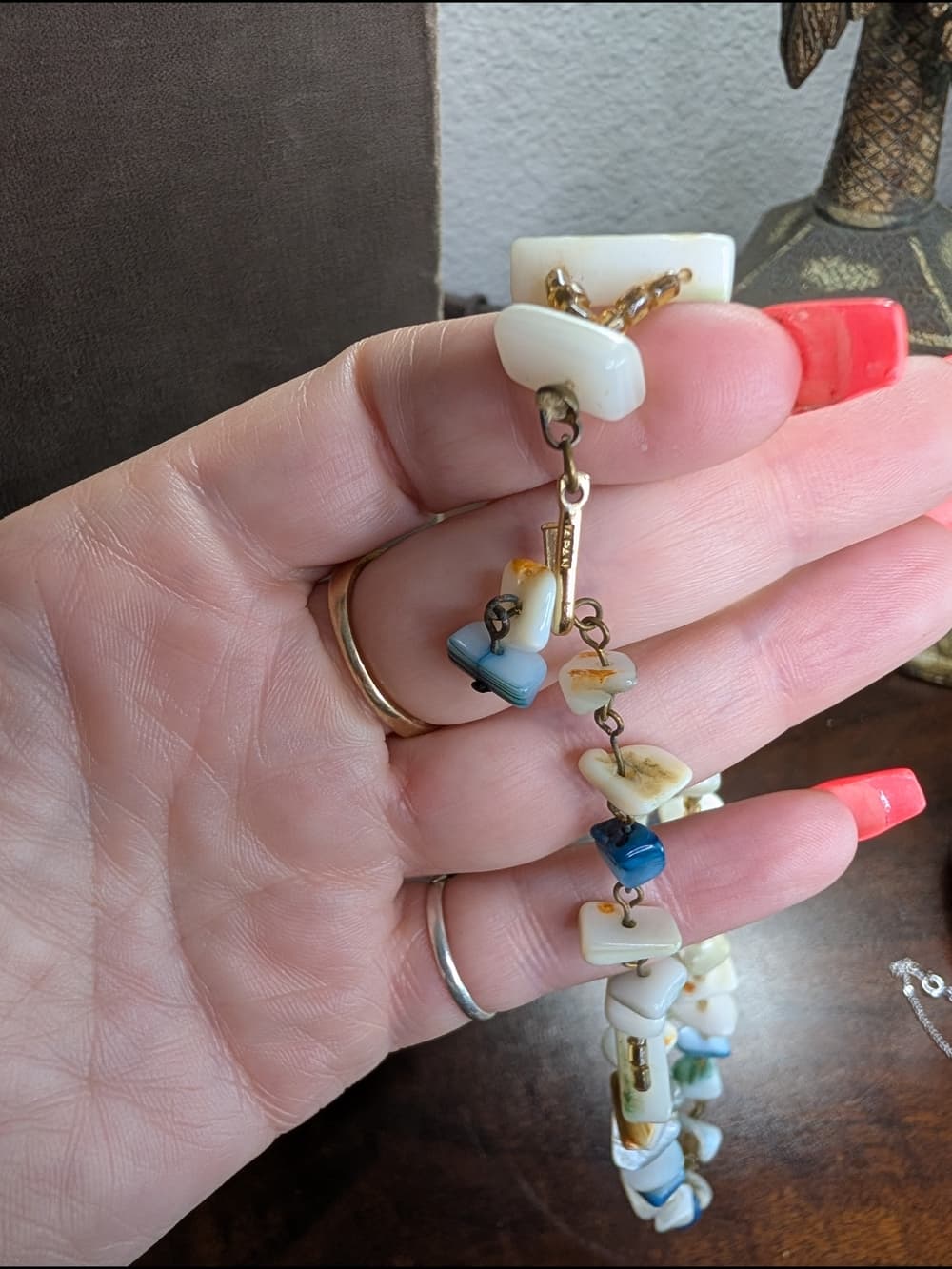 Vintage Blue & Cream Beaded Shell Mother Or Pearl Double-Strand Necklace - Thumbnail 4