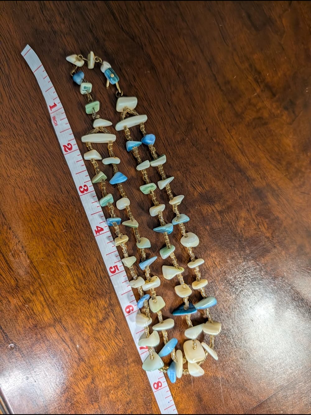 Vintage Blue & Cream Beaded Shell Mother Or Pearl Double-Strand Necklace - Thumbnail 6