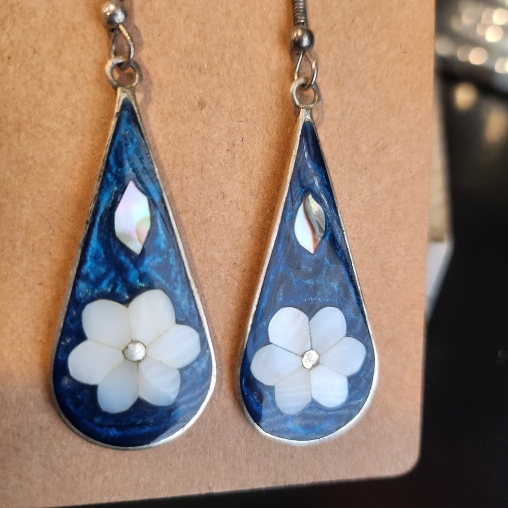 Vintage Sterling Silver Blue Enamel and White MOP Inlay Floral Teardrop Earrings - Thumbnail 2