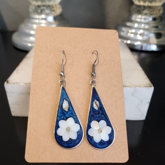 Vintage Sterling Silver Blue Enamel and White MOP Inlay Floral Teardrop Earrings - Thumbnail 7