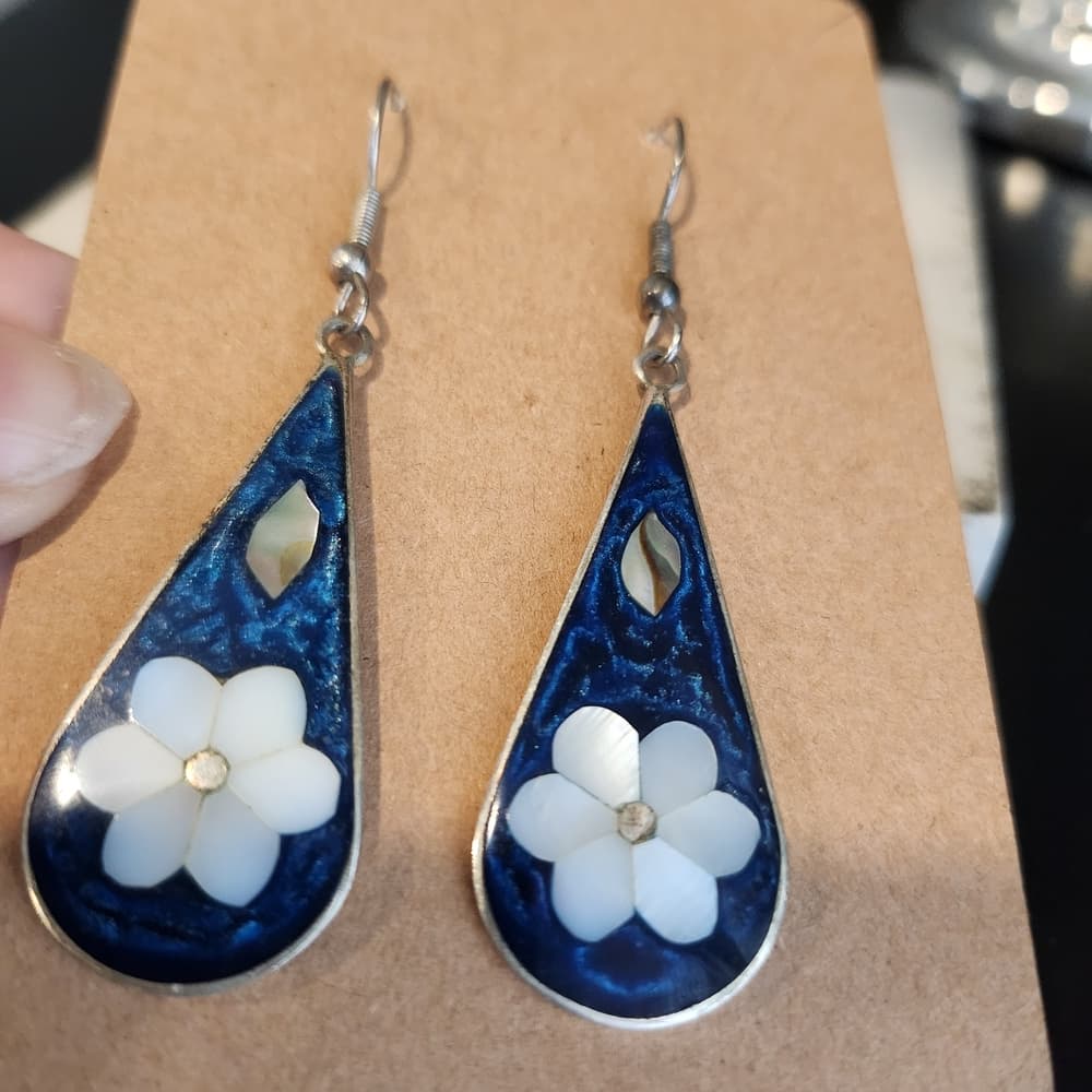 Vintage Sterling Silver Blue Enamel and White MOP Inlay Floral Teardrop Earrings - Thumbnail 5