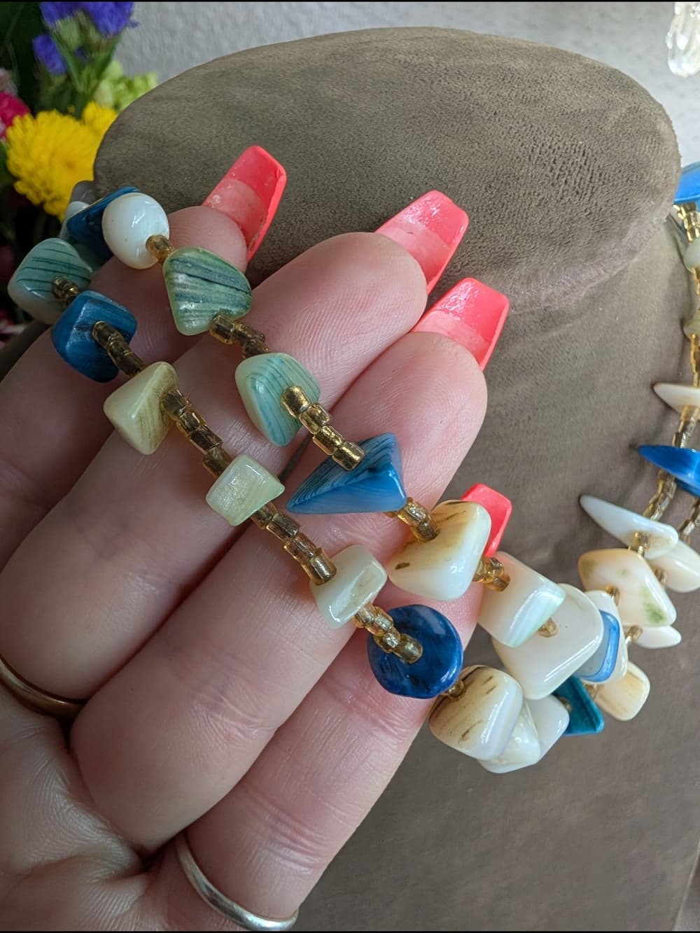 Vintage Blue & Cream Beaded Shell Mother Or Pearl Double-Strand Necklace - Thumbnail 3