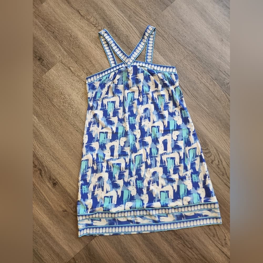 BCBGMaxAzria Blue and White Patterned Mini Baby Doll Dress - Thumbnail 11