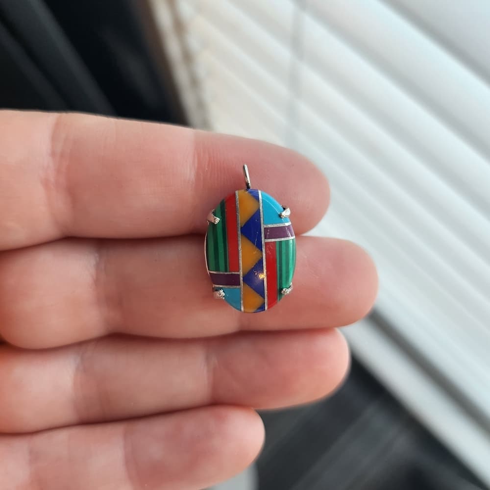 Southwestern Style Geometric Oval Stone Inlay Pendants Silver Tone - Thumbnail 5