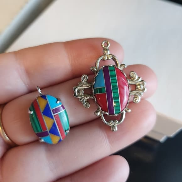 Southwestern Style Geometric Oval Stone Inlay Pendants Silver Tone - Thumbnail 9