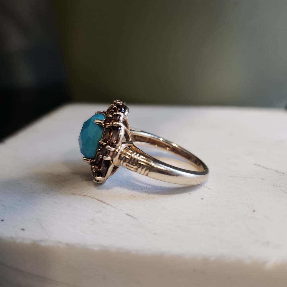 Vintage 14k Plated 925 Fauceted Turquoise anf Smokey Quarts Ring Barbara Bixby - Thumbnail 7