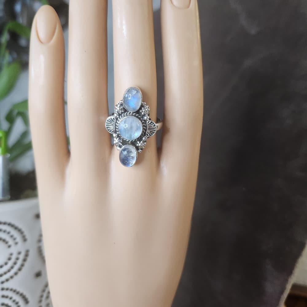 Triple Rainbow Moonstone Sterling Silver Ring Size 8 Boho Statement - Thumbnail 12