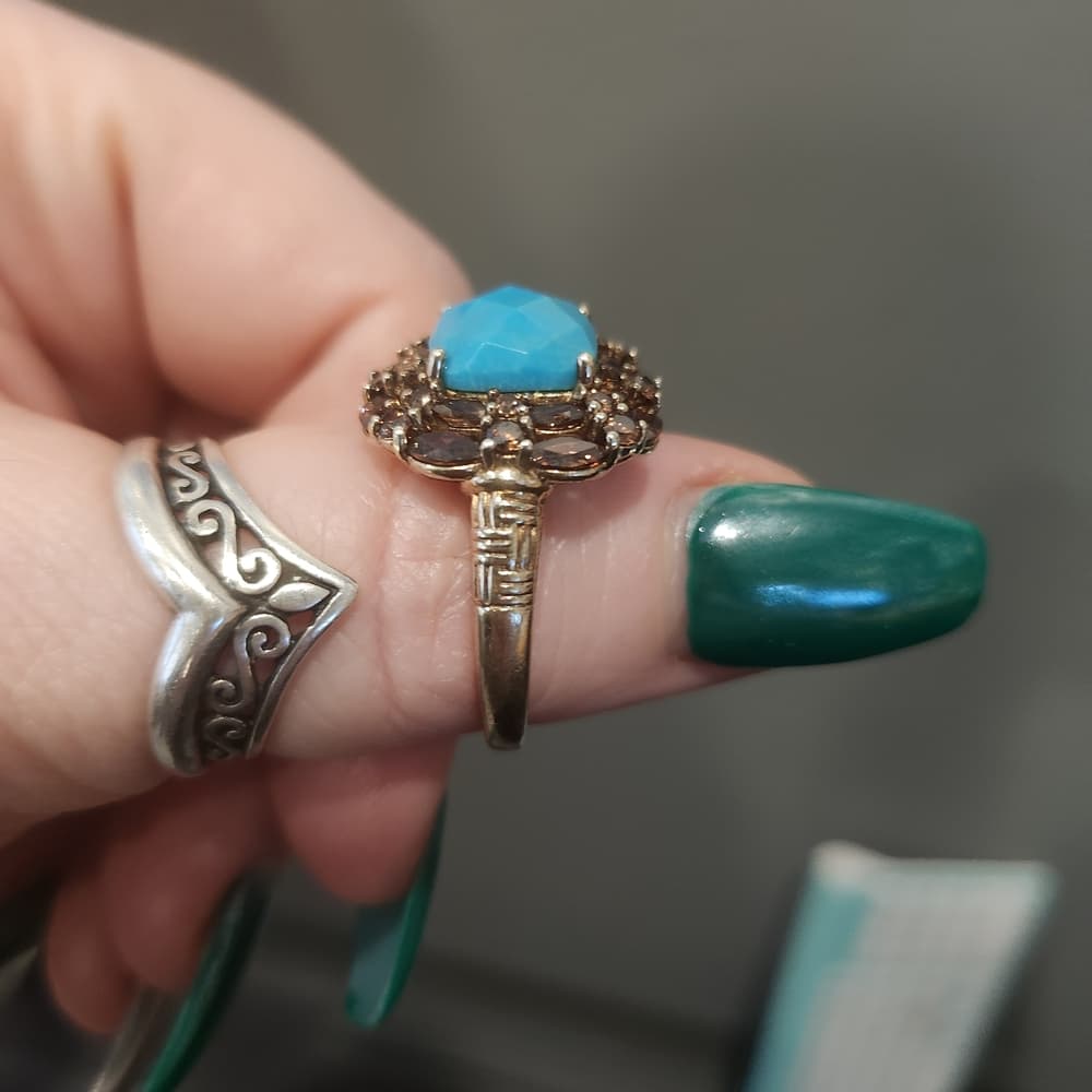 Vintage 14k Plated 925 Fauceted Turquoise anf Smokey Quarts Ring Barbara Bixby - Thumbnail 9
