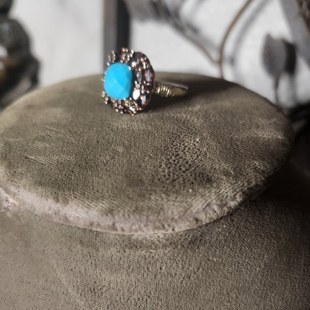 Vintage 14k Plated 925 Fauceted Turquoise anf Smokey Quarts Ring Barbara Bixby - Thumbnail 4