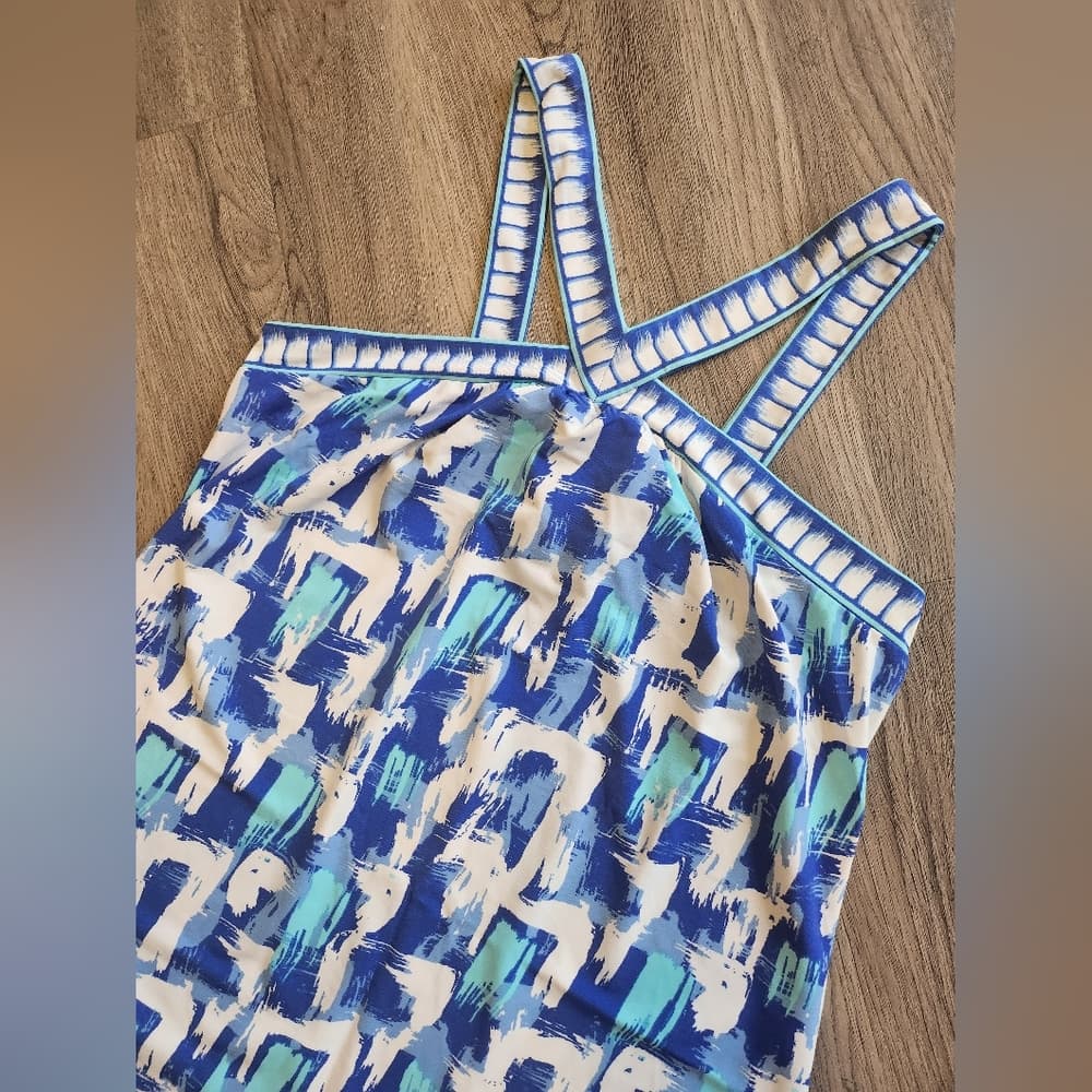 BCBGMaxAzria Blue and White Patterned Mini Baby Doll Dress - Thumbnail 2