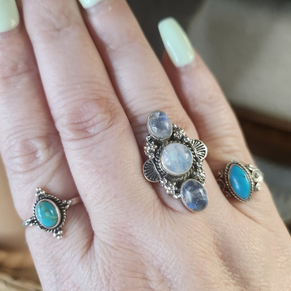 Triple Rainbow Moonstone Sterling Silver Ring Size 8 Boho Statement - Thumbnail 7