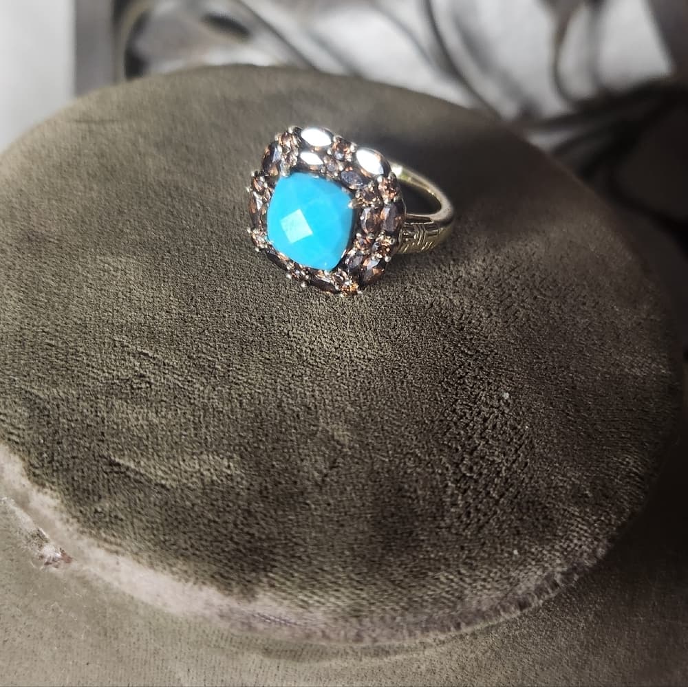 Vintage 14k Plated 925 Fauceted Turquoise anf Smokey Quarts Ring Barbara Bixby