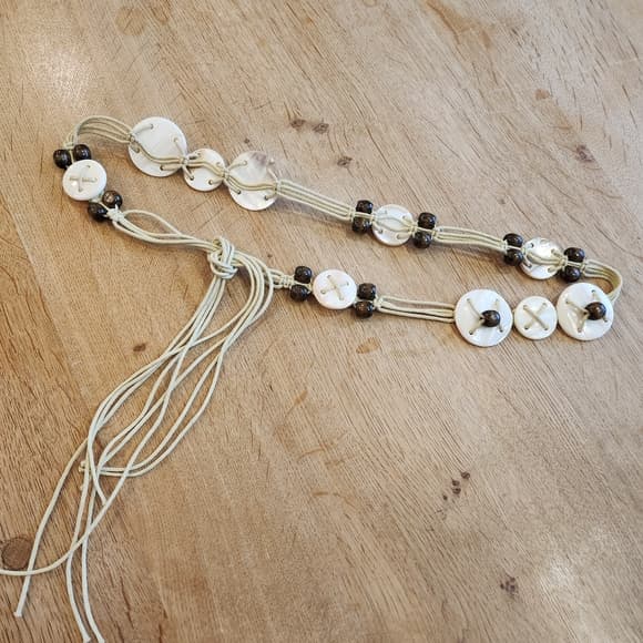 Boho White Shell and Brown Wpod Beaded Women's Accent Waist Belt - Thumbnail 12