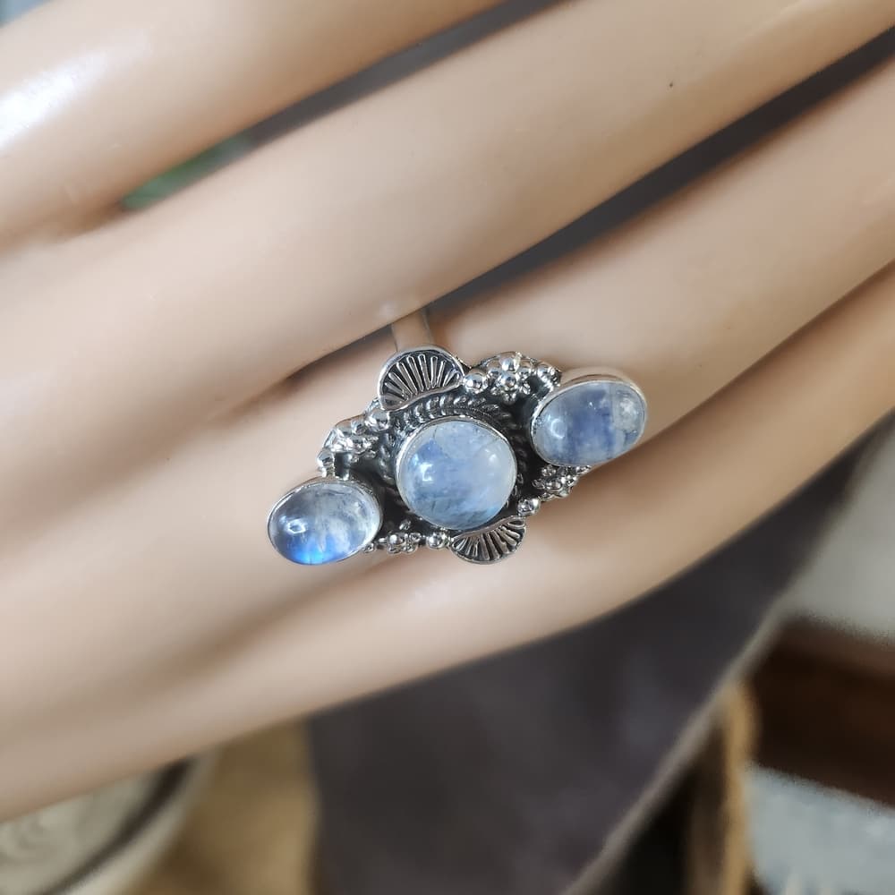Triple Rainbow Moonstone Sterling Silver Ring Size 8 Boho Statement - Thumbnail 2