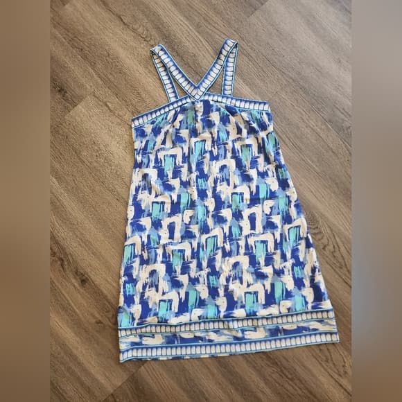 BCBGMaxAzria Blue and White Patterned Mini Baby Doll Dress - Thumbnail 12
