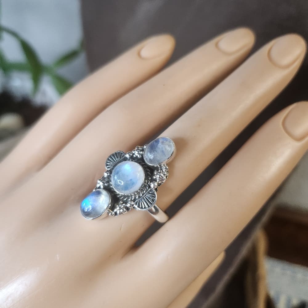 Triple Rainbow Moonstone Sterling Silver Ring Size 8 Boho Statement