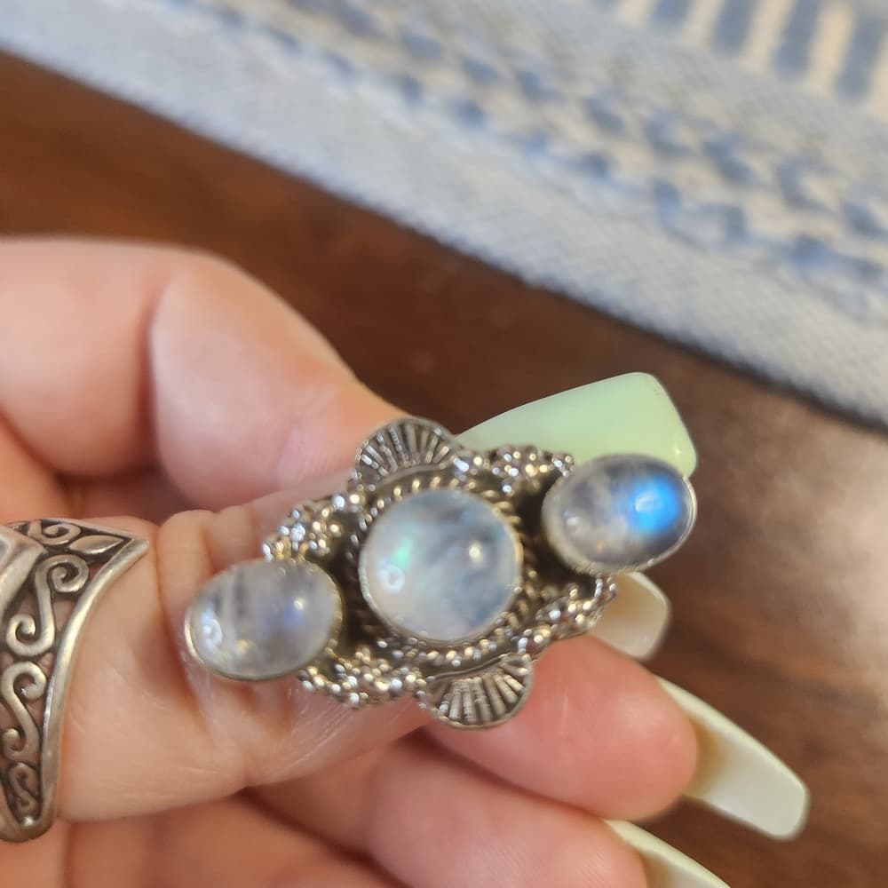 Triple Rainbow Moonstone Sterling Silver Ring Size 8 Boho Statement - Thumbnail 8