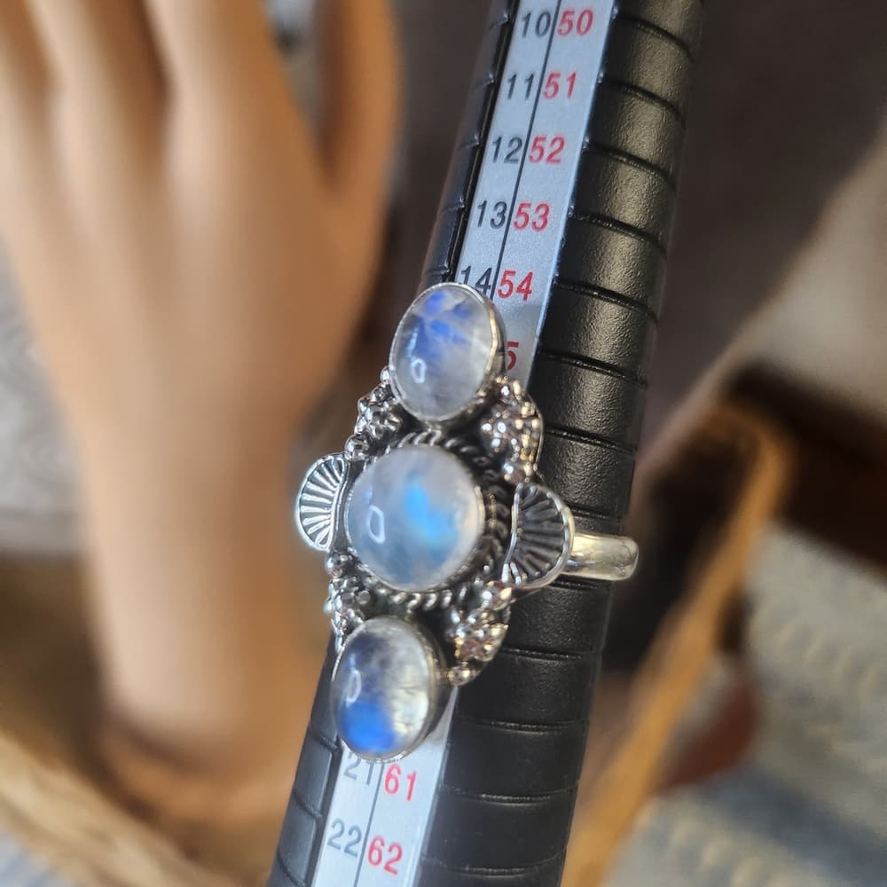 Triple Rainbow Moonstone Sterling Silver Ring Size 8 Boho Statement - Thumbnail 5