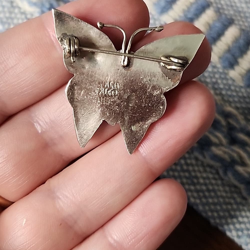 Gorgous Vintage Sterling Silver Butterfly Abalone Shell Alpaca Mexico Brooch - Thumbnail 3