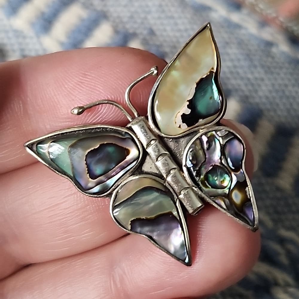 Gorgous Vintage Sterling Silver Butterfly Abalone Shell Alpaca Mexico Brooch - Thumbnail 4