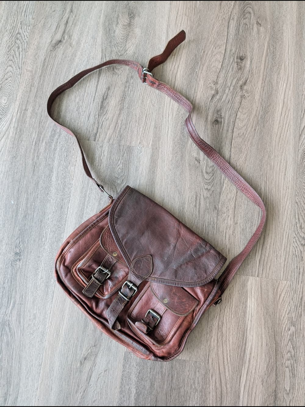 Vintage Komal's Rustic Well Loved Brown Genuine Leather Satchel Messenger Bag - Thumbnail 12