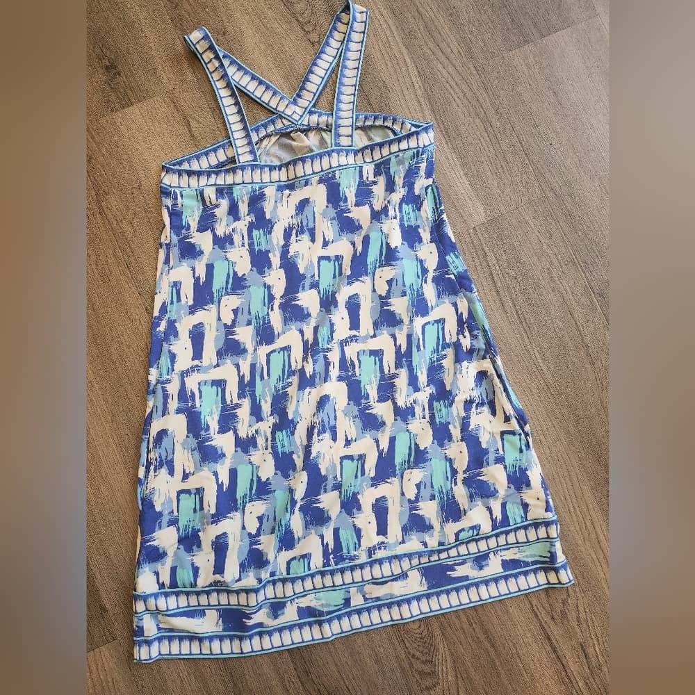 BCBGMaxAzria Blue and White Patterned Mini Baby Doll Dress - Thumbnail 4