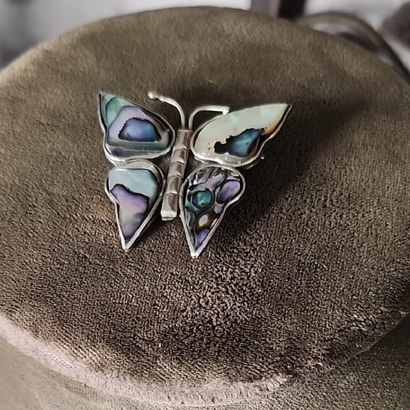 Gorgous Vintage Sterling Silver Butterfly Abalone Shell Alpaca Mexico Brooch - Thumbnail 7