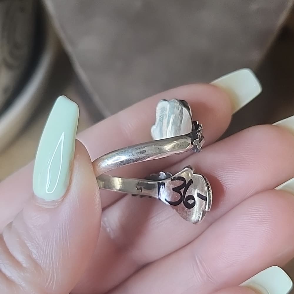 Navajo Handmade Sterling Silver Turquoise Leaf Design Adjustable Ring | Size 10 - Thumbnail 4