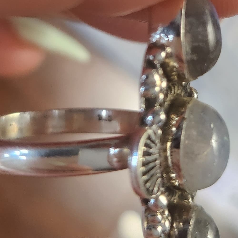 Triple Rainbow Moonstone Sterling Silver Ring Size 8 Boho Statement - Thumbnail 11