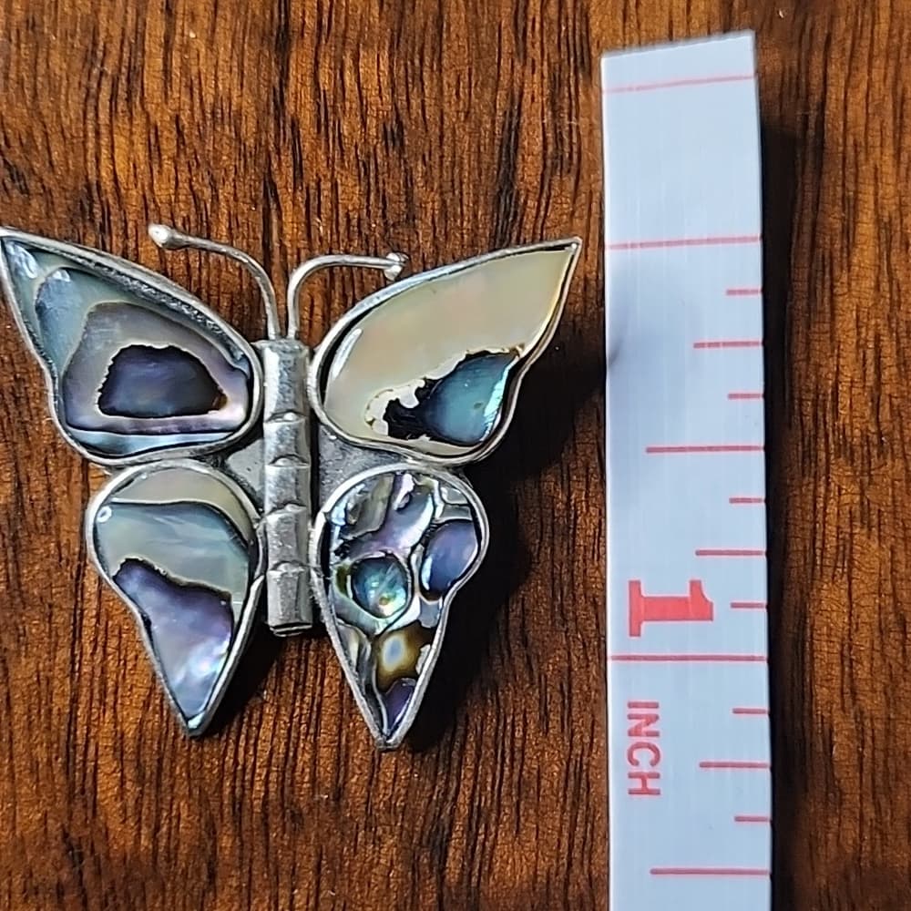 Gorgous Vintage Sterling Silver Butterfly Abalone Shell Alpaca Mexico Brooch - Thumbnail 5