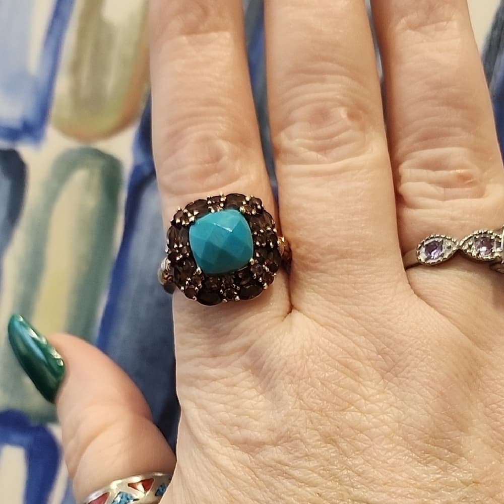 Vintage 14k Plated 925 Fauceted Turquoise anf Smokey Quarts Ring Barbara Bixby - Thumbnail 10
