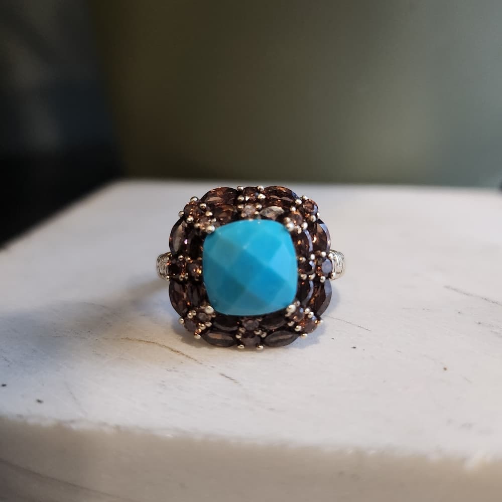 Vintage 14k Plated 925 Fauceted Turquoise anf Smokey Quarts Ring Barbara Bixby - Thumbnail 6