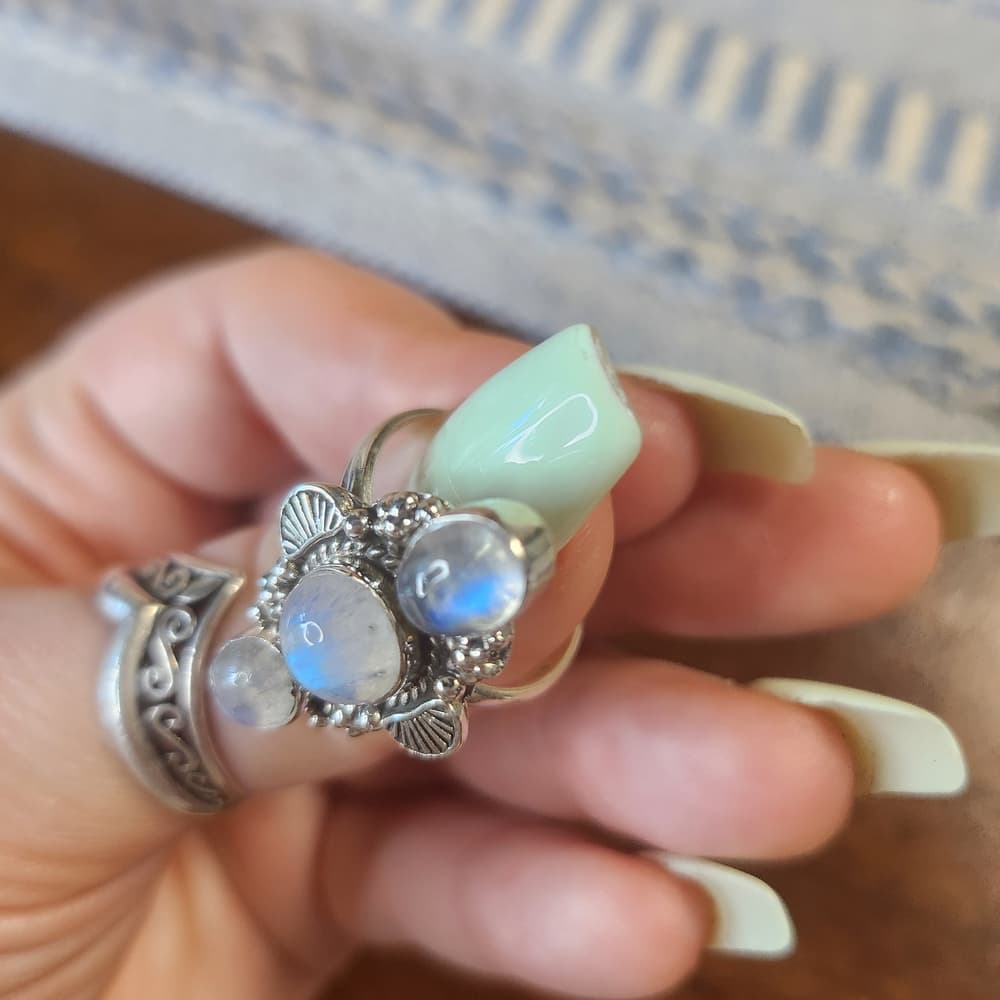 Triple Rainbow Moonstone Sterling Silver Ring Size 8 Boho Statement - Thumbnail 9