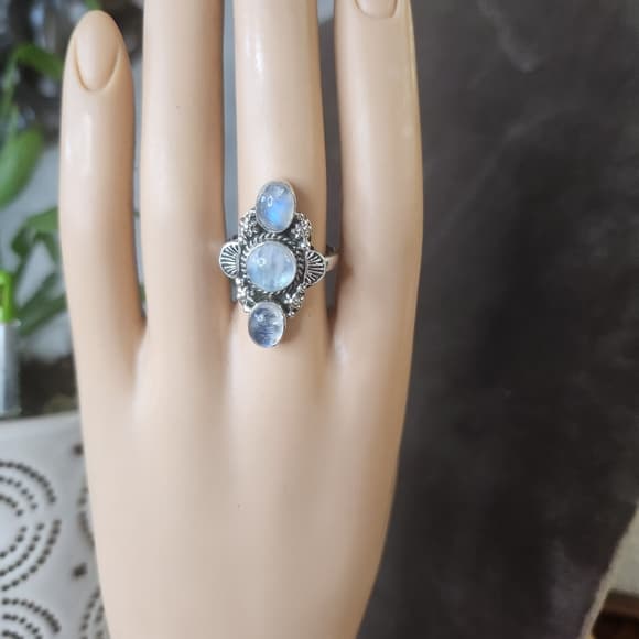Triple Rainbow Moonstone Sterling Silver Ring Size 8 Boho Statement - Thumbnail 13